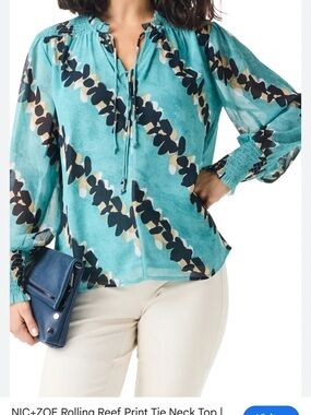 NIC+ZOE Teal Floral-Stripe Blouse with Black and Cream Accents